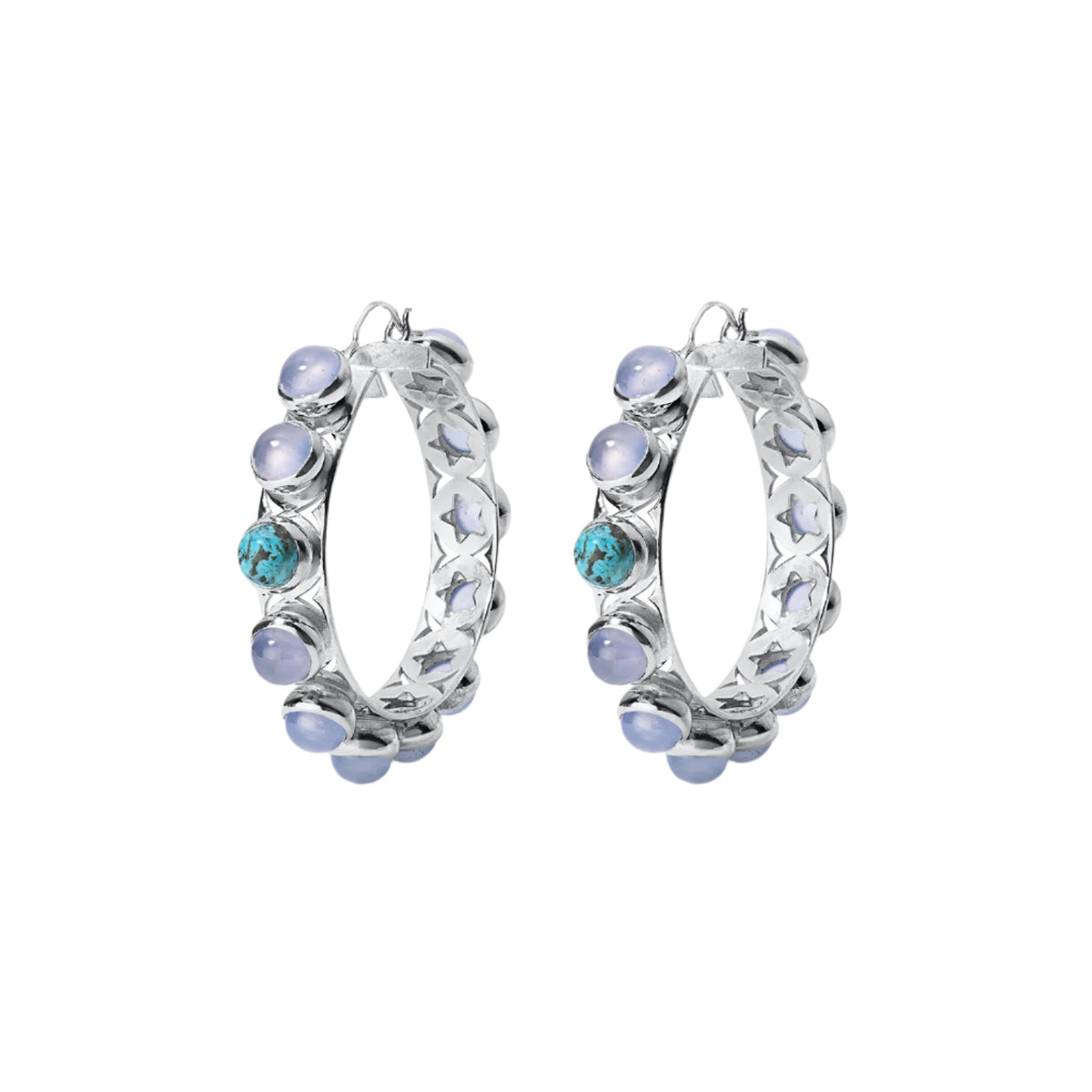 Shari Hoops | Desert Siren, Silver with Chalcedony & Turquoise