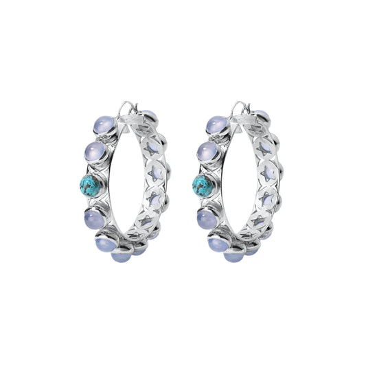 Shari Hoops | Desert Siren, Silver with Chalcedony & Turquoise