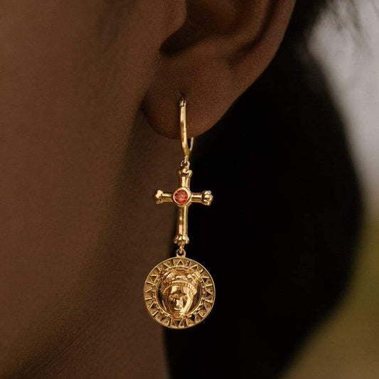 Adore Adorn Earrings Faces Earrings with Red Garnet in 14K Gold